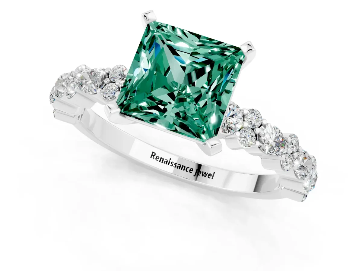 Princess Cut Green Sapphire Side Stone Solitaire Ring with Round and Four-Prong Setting Platinum