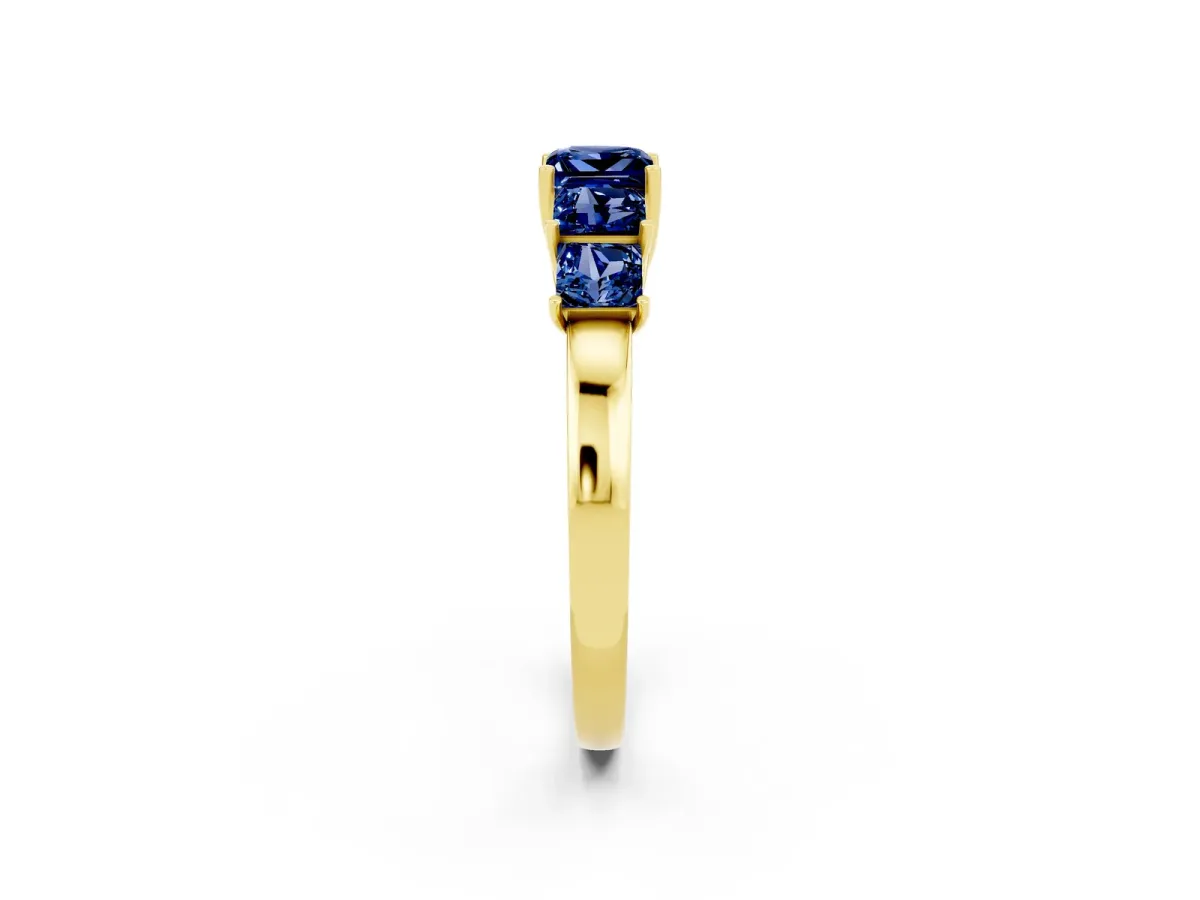 Princess Cut Five-Stone Blue Sapphire Ring with Classic Prong Setting Yellow gold