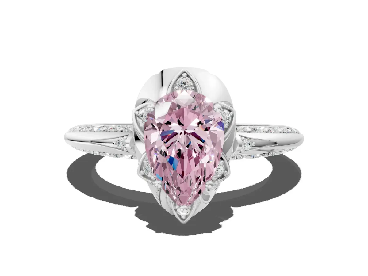 Fancy Pink Pear Cut Halo Split Shank Pave Diamond Ring with Petal Prong Setting Platinum