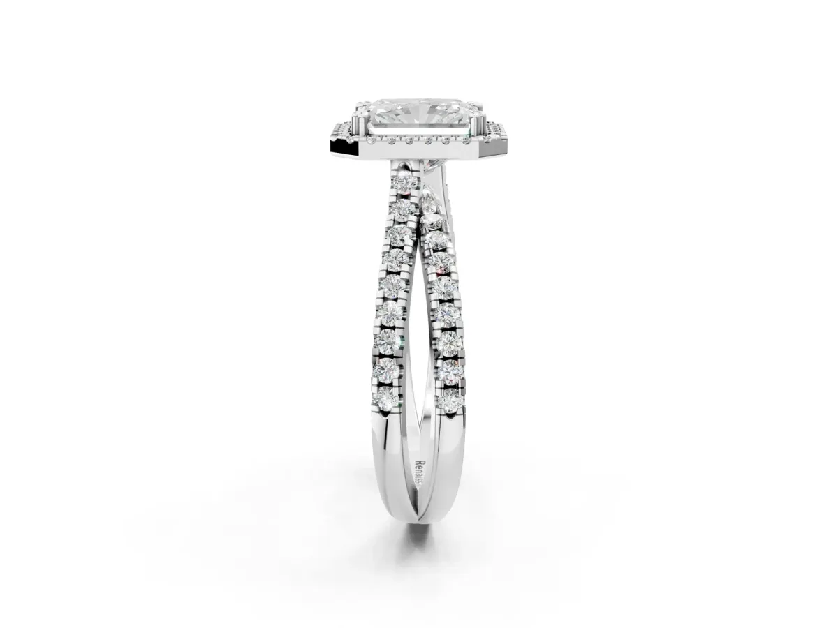 Radiant Cut Halo Split Shank Diamond Ring with Pavé Setting Platinum