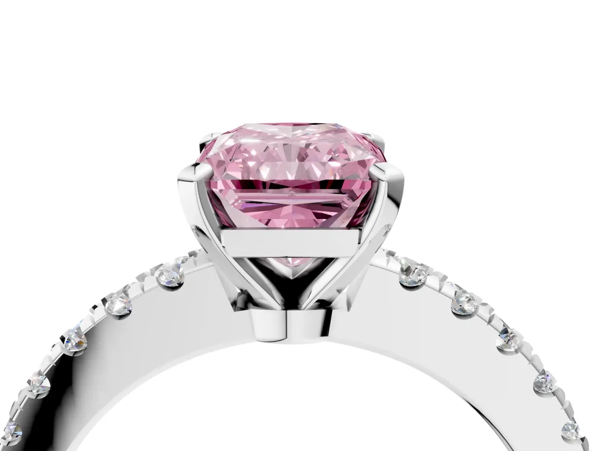 Fancy Pink Radiant Cut Solitaire Diamond with Pavé Band and Four-Prong Setting Silver