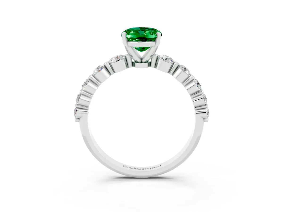 Oval Cut Solitaire Emerald Ring with Pave Band and Four-Prong Setting Silver