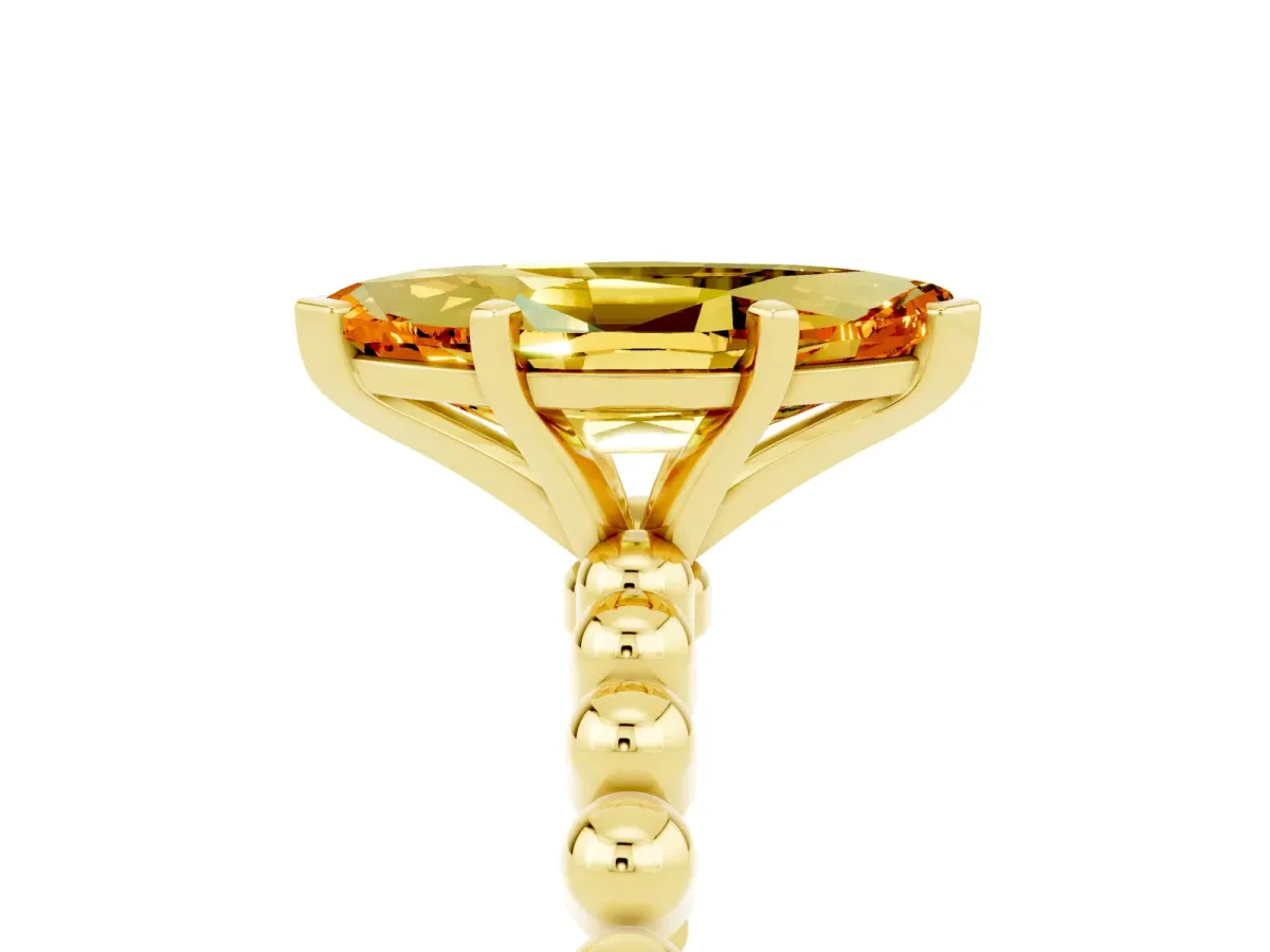 Marquise Cut Citrine Solitaire Ring with Beaded Band and Prong Setting Yellow gold