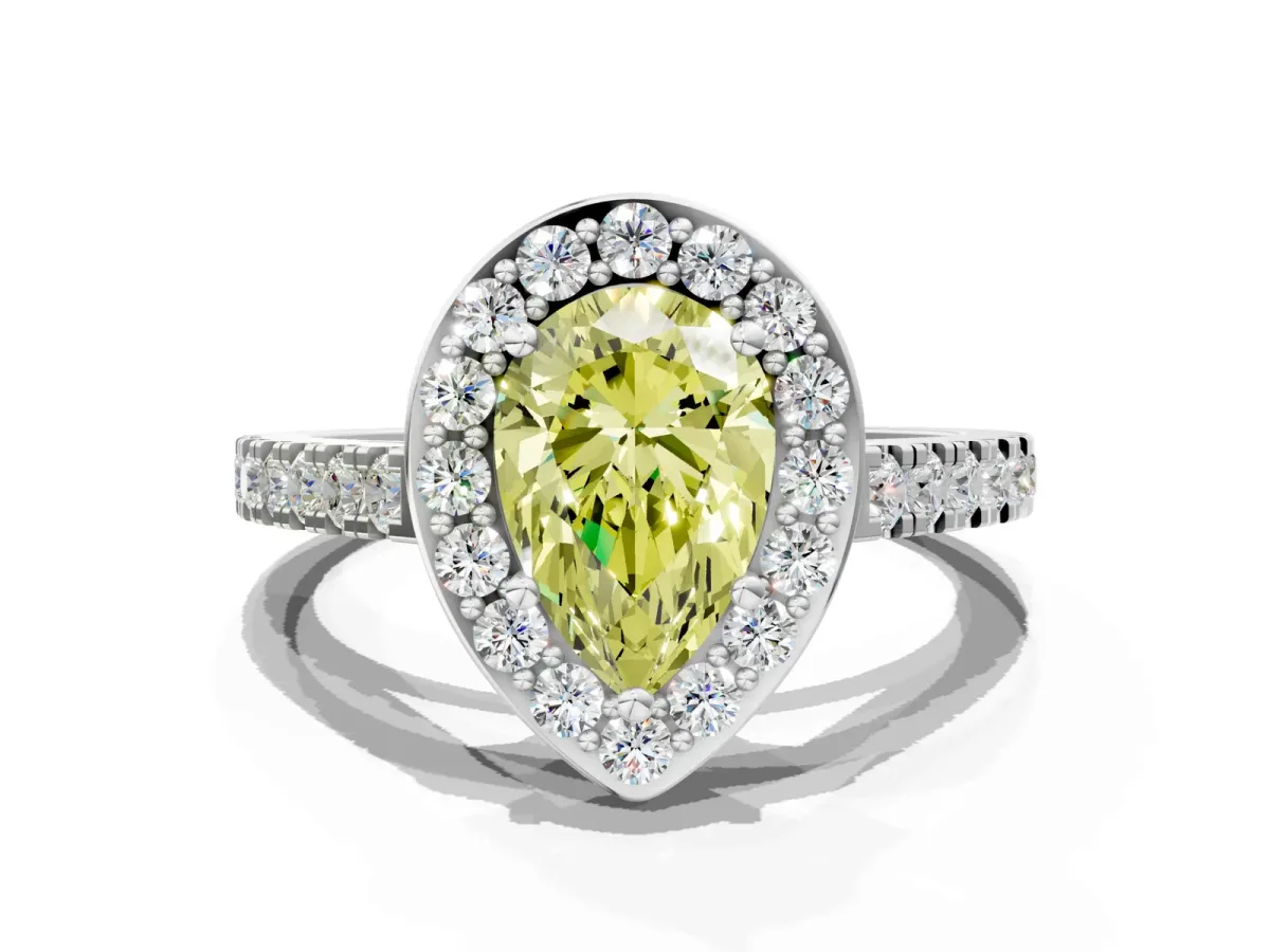 Fancy Yellow Pear Cut Diamond Halo Ring with Round Pavé Split Shank and Prong Setting Platinum