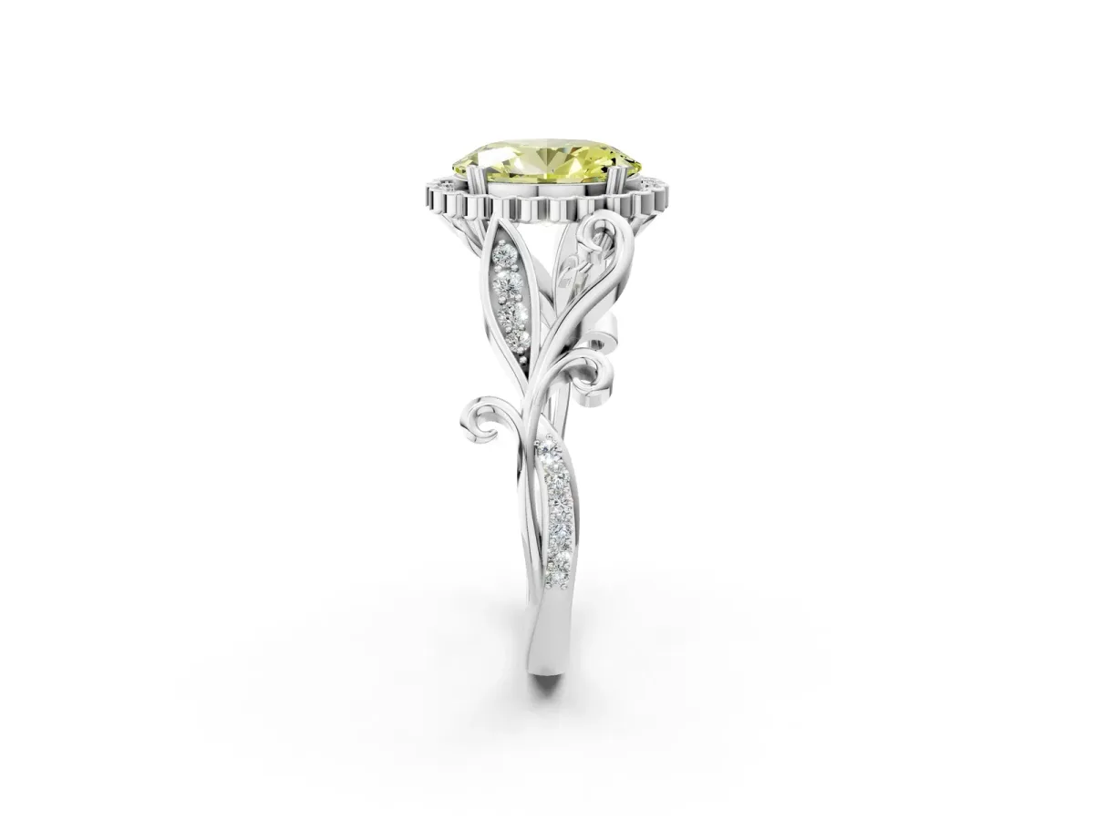 Fancy Yellow Oval Cut Diamond Halo Ring with Vintage Split Shank and Four-Prong Setting Silver