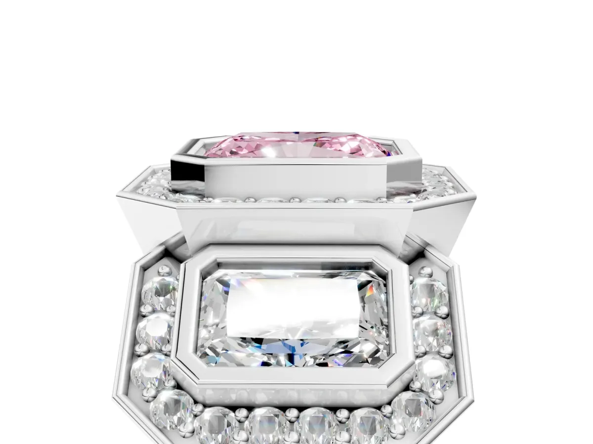 Fancy Pink Three-Stone Radiant Cut Halo Pavé Diamond Ring Platinum