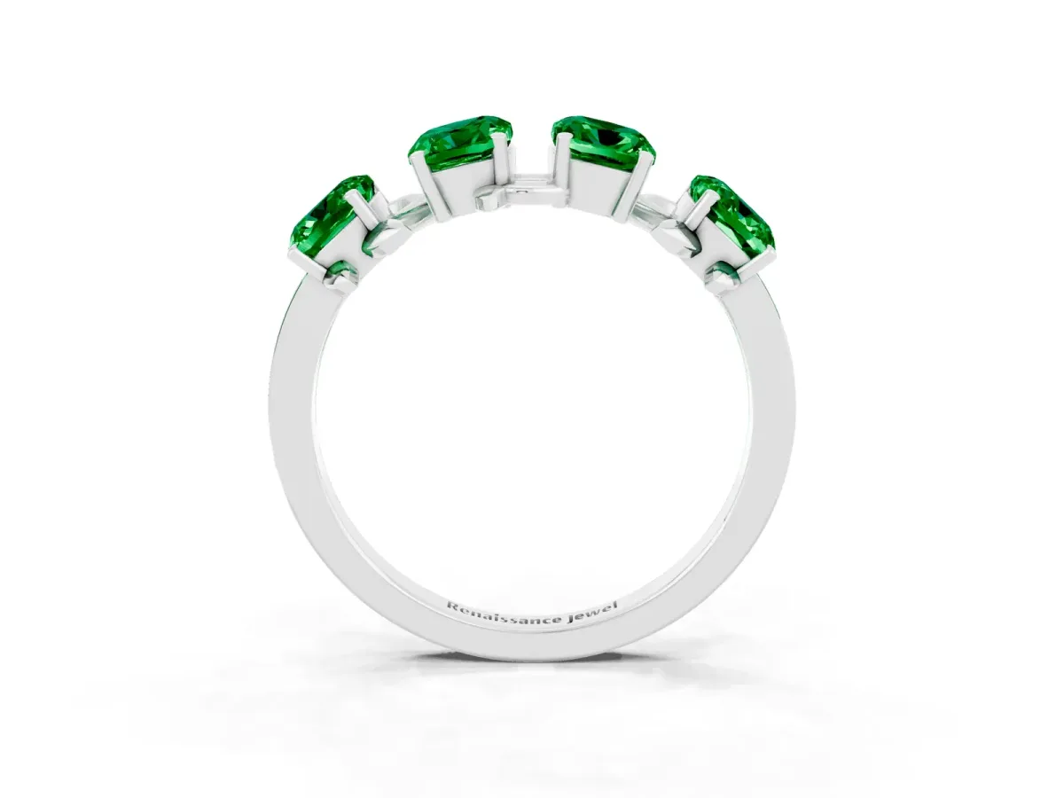 Four-Stone Elongated Cushion Emerald Band with Nature-Inspired Prong Setting Silver