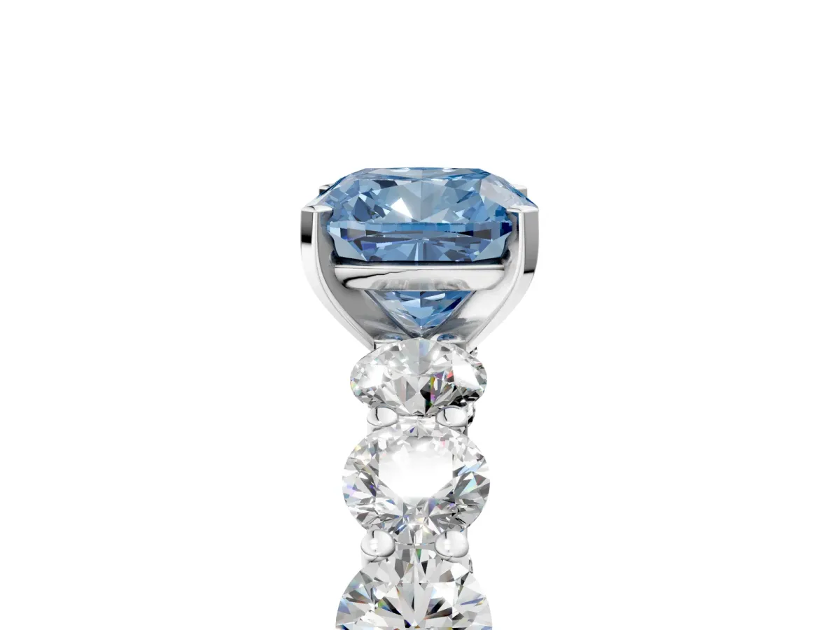Fancy Blue Cushion Cut Diamond Prong Setting with Side Stones on a Pave Band Silver