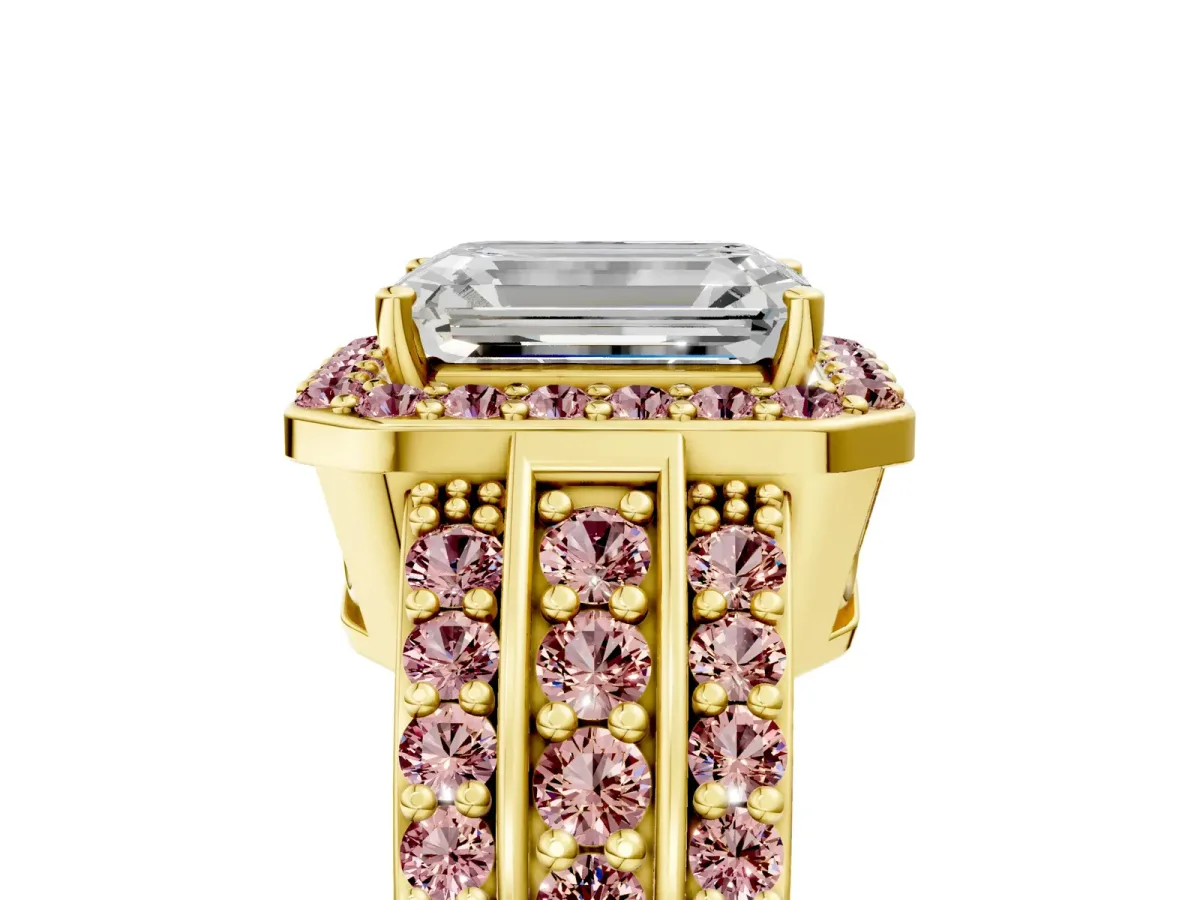 Emerald Cut Halo Diamond Ring with Round Morganite Split Shank and Prong Setting Yellow gold