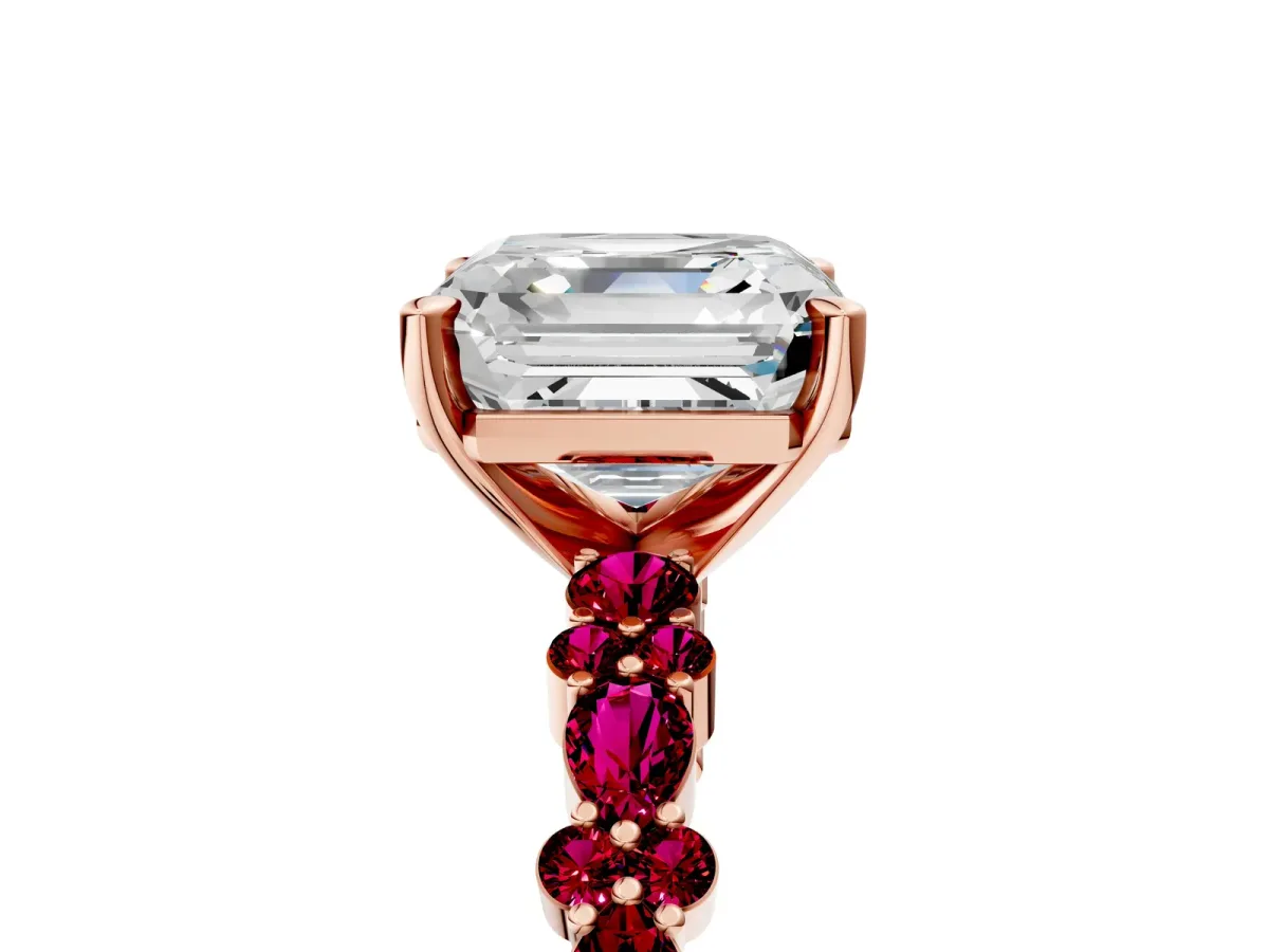Asscher Cut Diamond Side Stone Solitaire Ring with Round Garnet and Four-Prong Setting Rose gold