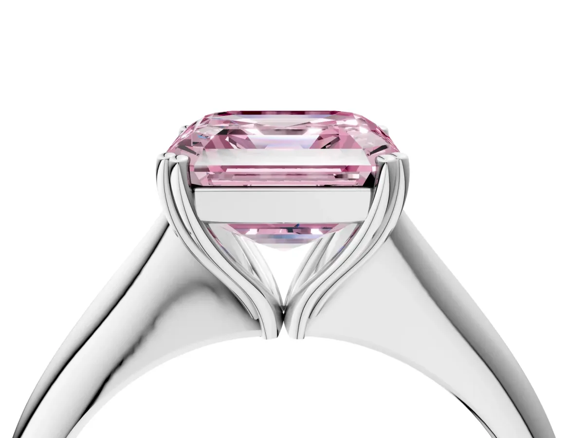Fancy Pink Asscher Cut Solitaire Diamond Ring with Six-Prong Setting and Classic Band Platinum