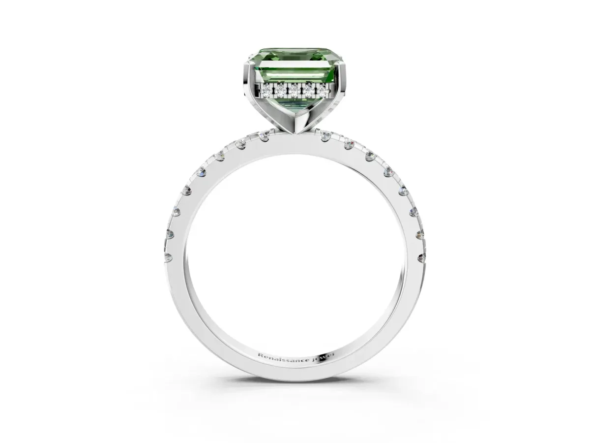 Fancy Green Asscher Cut Diamond Solitaire Ring with Round Pavé Band and Four-Prong Setting Silver