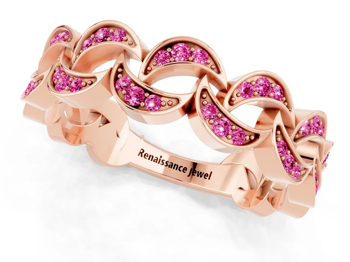 Pavé Round Pink Sapphire Interlocking Eternity Band with Bezel Prong Setting Rose gold