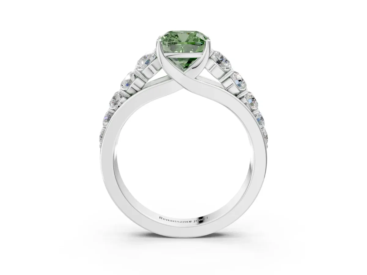 Fancy Green Cushion Cut Brilliant Diamond Pavé Band with Six-Prong Setting Silver