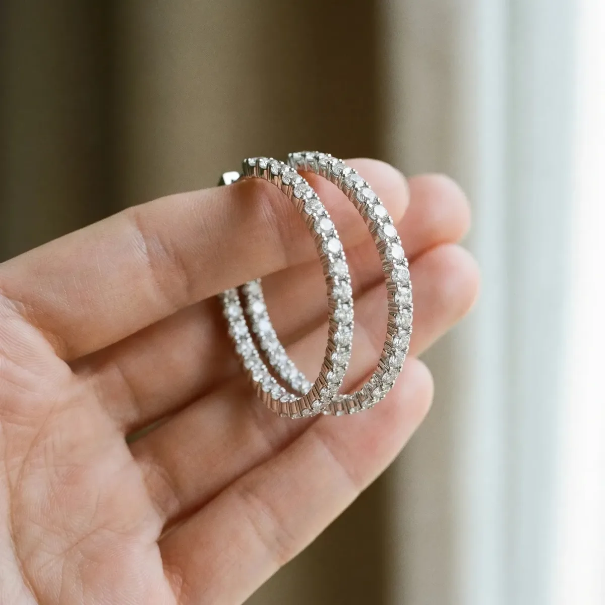 Round Diamond Eternity Hoop Earrings with Pavé Setting and Shared Prong Silver