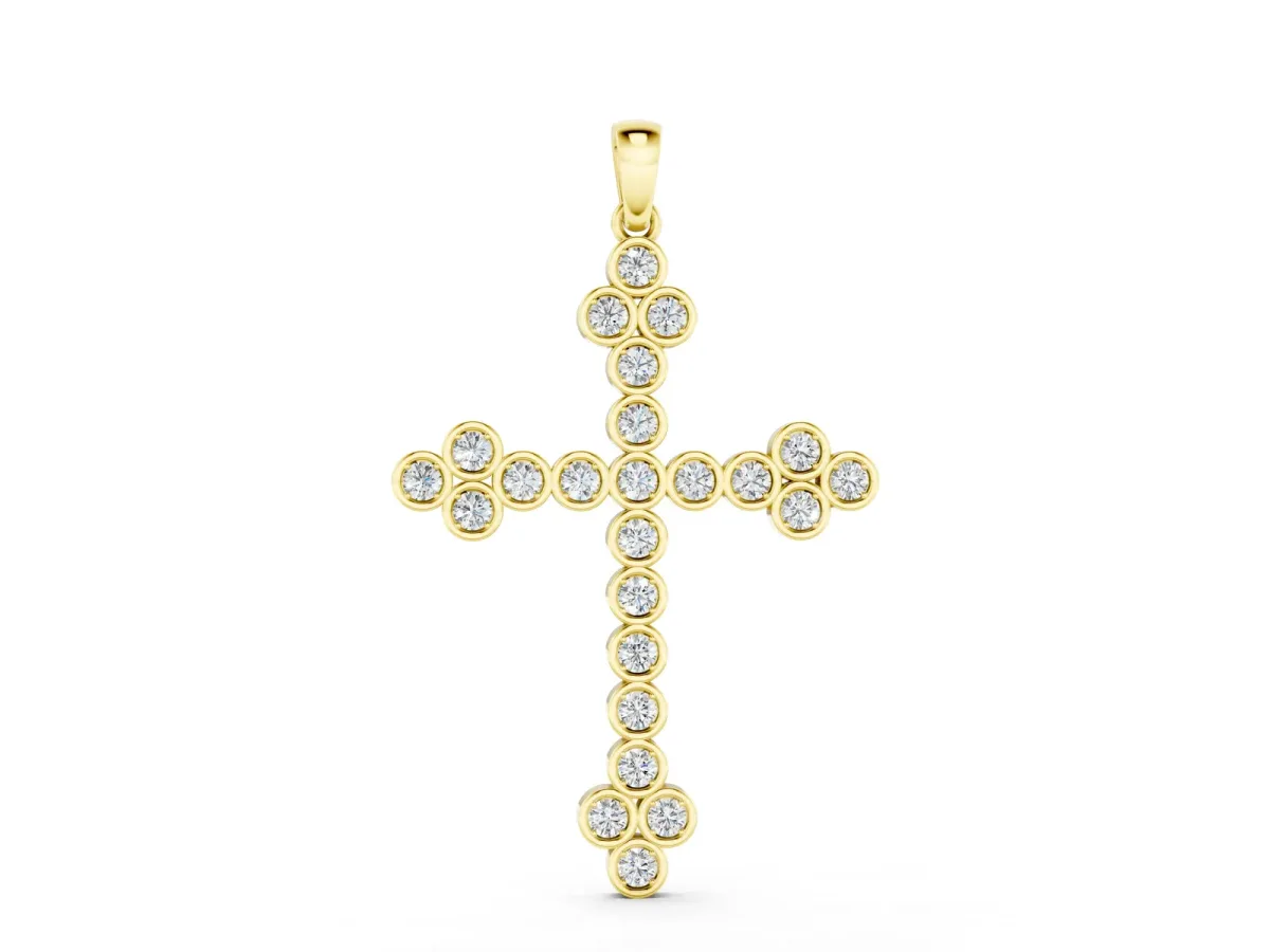 Round Diamond Bezel Set Cross Pendant Yellow gold