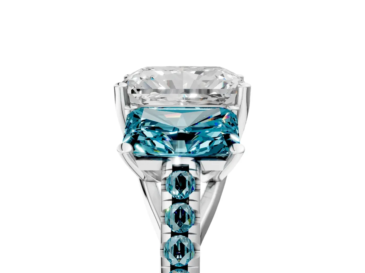 Three-Stone Radiant Cut Diamond Ring with Round Blue Topaz Pavé Band and Prong Setting Silver