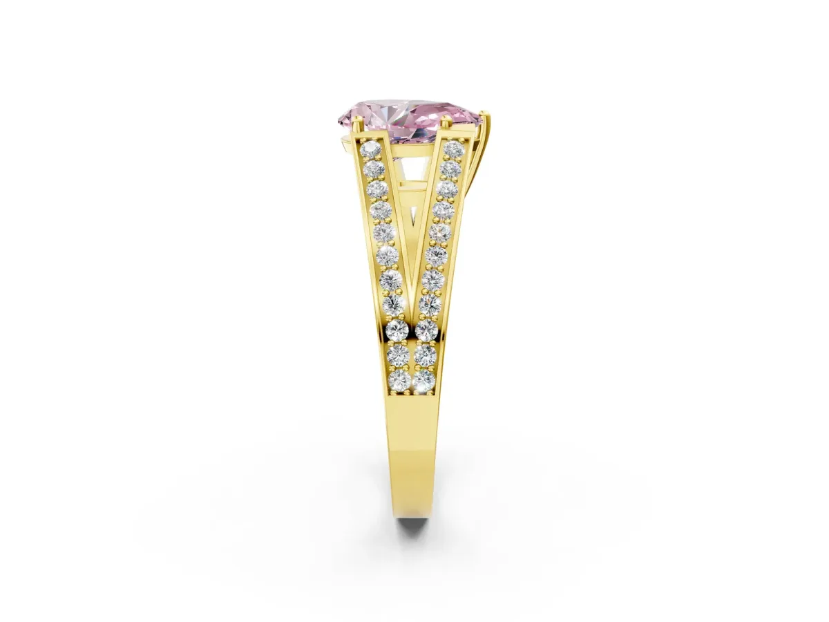 Fancy Pink Pear Cut Diamond Split Shank Ring with Pavé Band and Four-Prong Setting Yellow gold