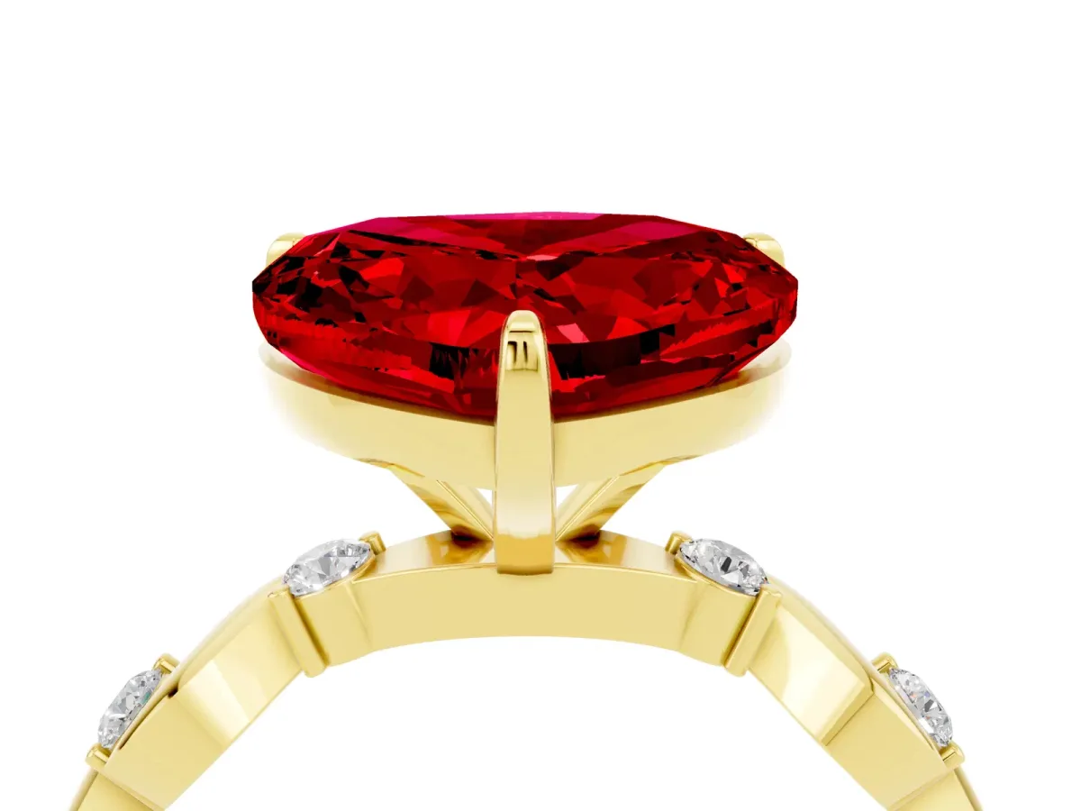 Heart Cut Ruby Solitaire Twisted Band with Round Accents and Prong Setting Yellow gold