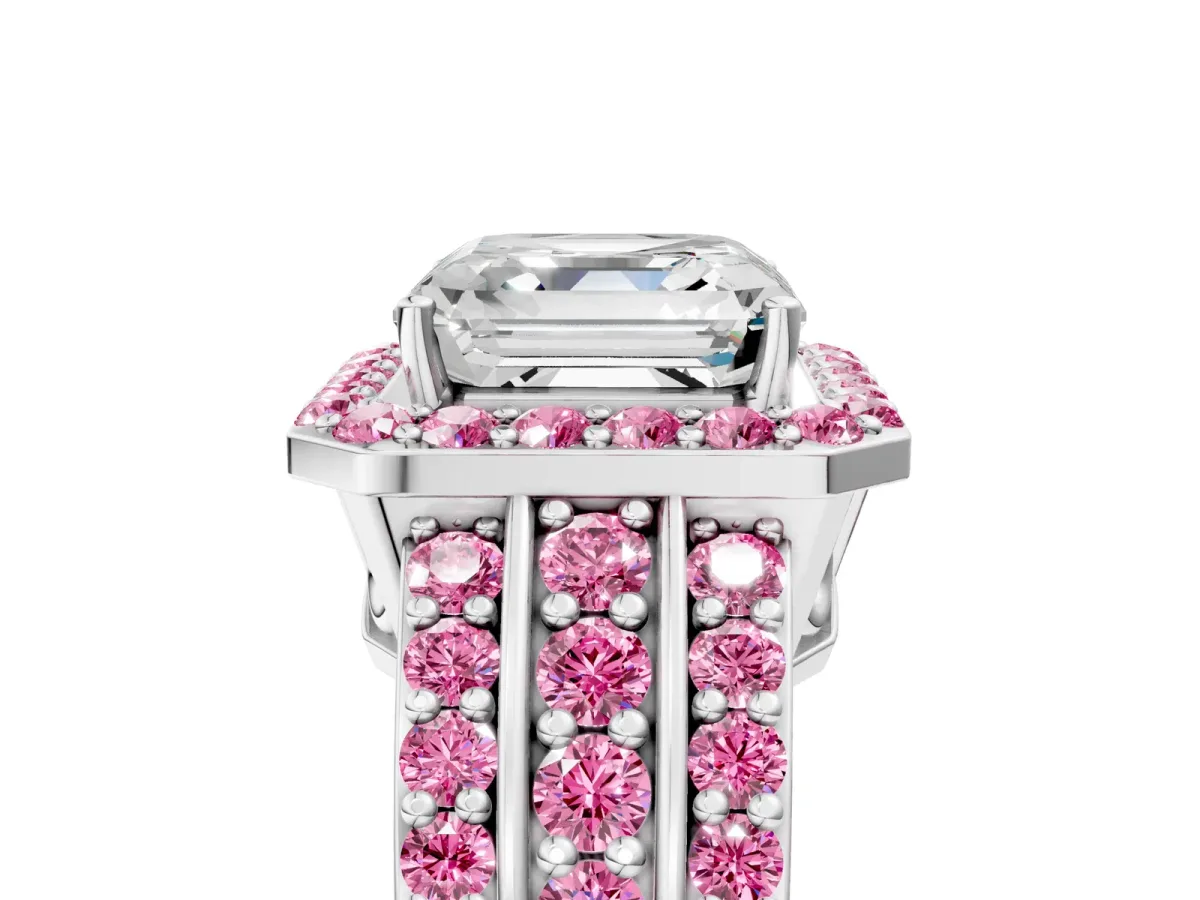 Asscher Cut Halo Diamond Ring with Round Pink Sapphire Split Shank and Prong Setting Silver