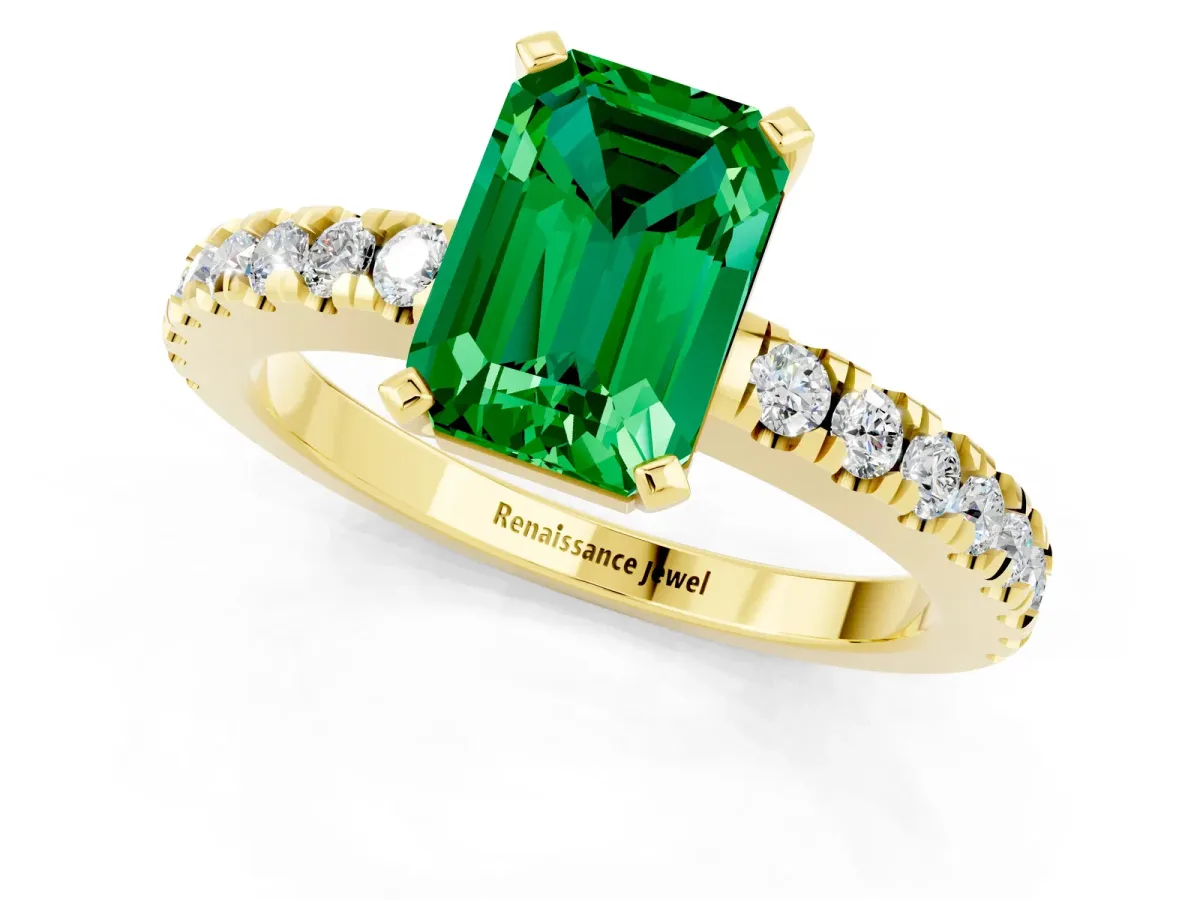 Emerald Cut Solitaire Emerald with Pavé Band and Four-Prong Setting Yellow gold
