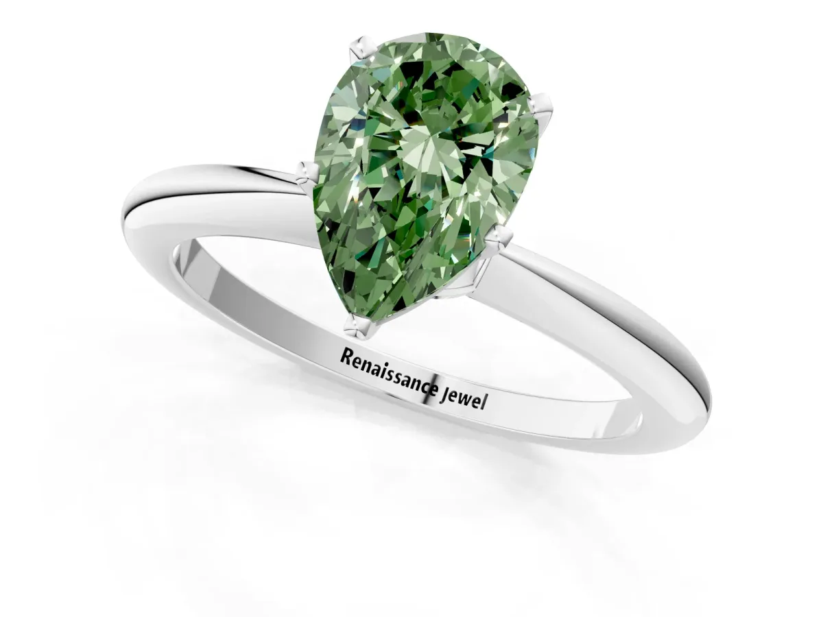 Fancy Green Pear Cut Diamond Solitaire Ring with Six-Prong Setting and Classic Band Silver