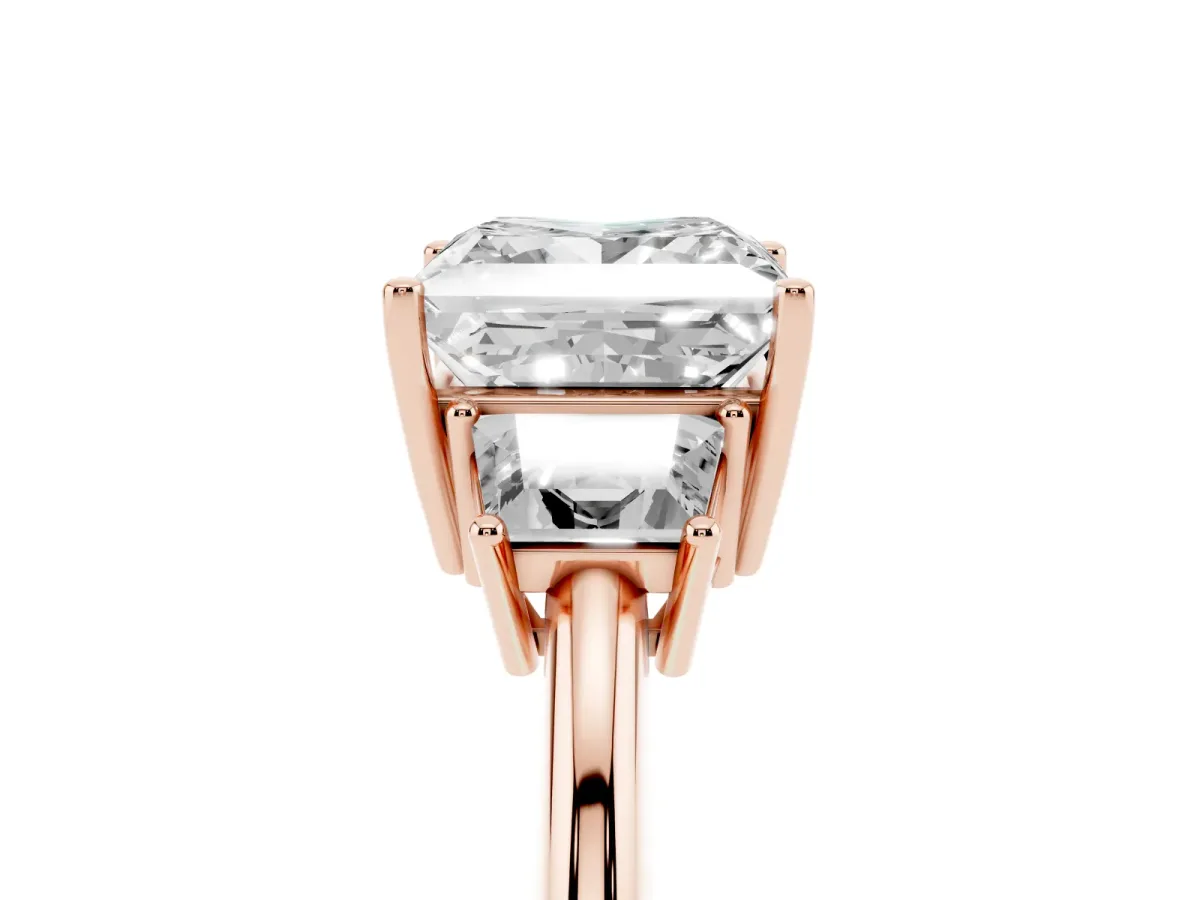Princess Cut Diamond Three-Stone Ring with Trapezoid Side Stones and Prong Setting Rose gold