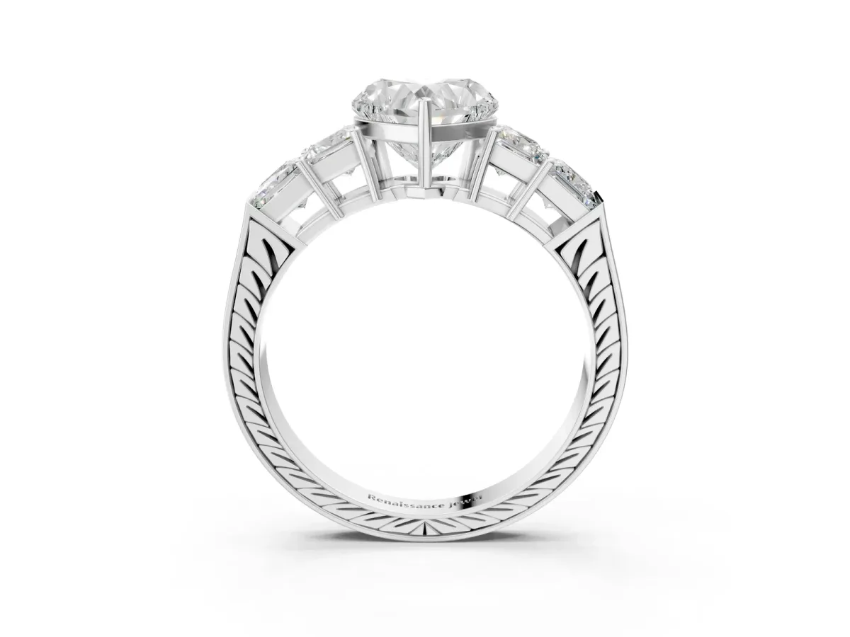 Heart Cut Solitaire Princess Side Stone Engraved Band Prong Setting Ring Silver