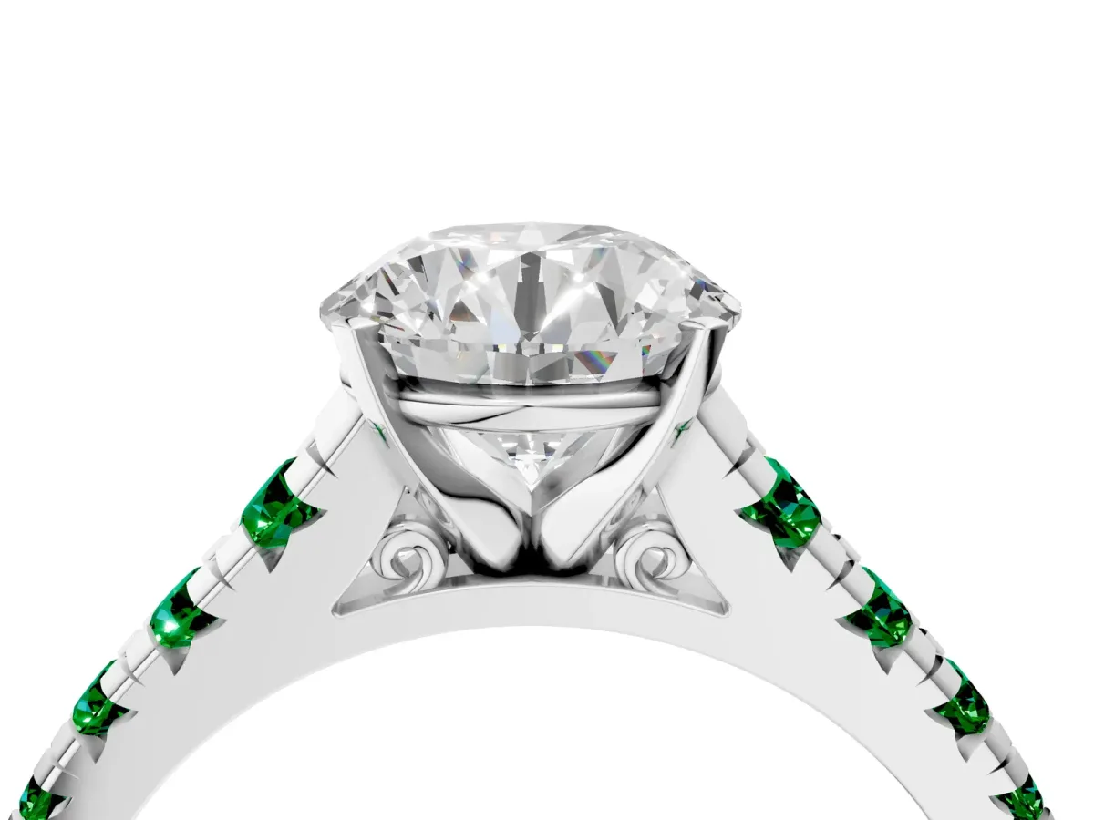 Round Cut Diamond Cathedral Solitaire Ring with Round Emerald Pavé Band Platinum