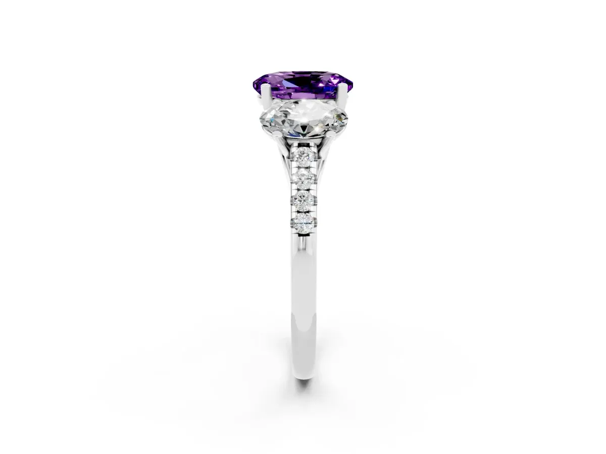 Three-Stone Oval Cut Amethyst Ring with Round Pavé Band and Prong Setting Platinum