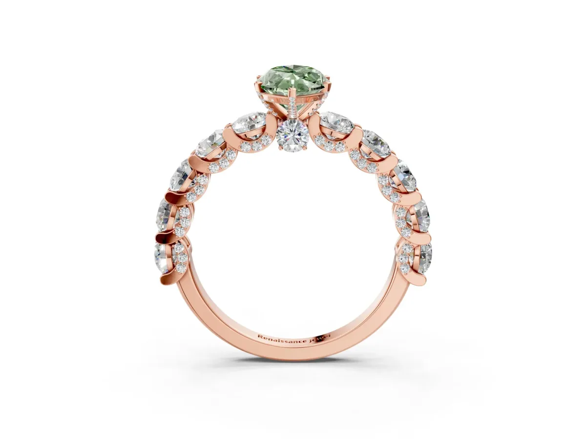 Fancy Green Marquise Cut Diamond Side Stone Engagement Ring with Four-Prong Setting Rose gold