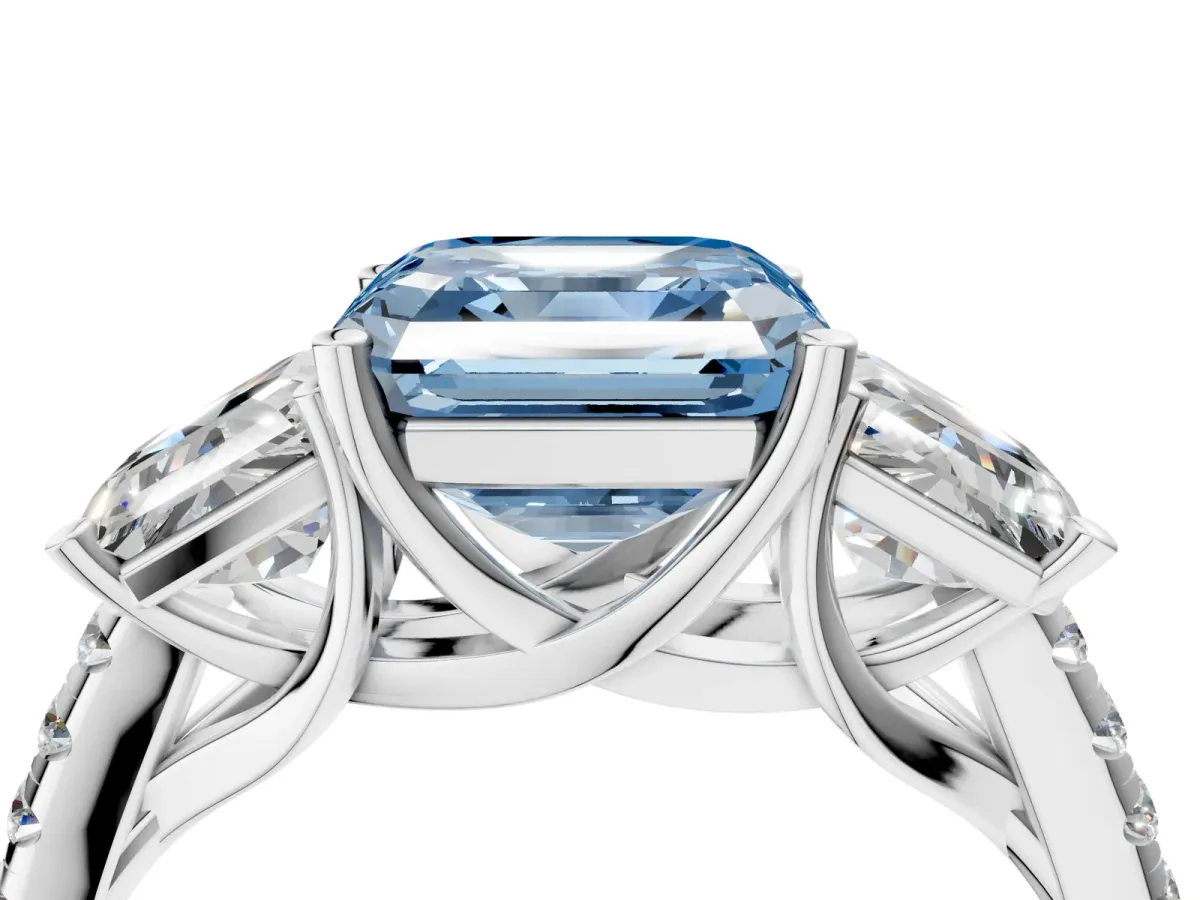 Fancy Blue Three-Stone Asscher Cut Diamond Ring with Round Pavé Band and Prong Setting Silver