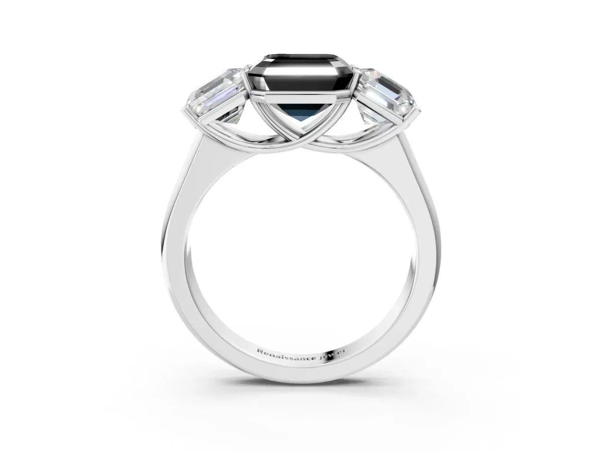 Fancy Black Asscher Cut Three-Stone Diamond Ring with Prong Setting on a Classic Band Platinum