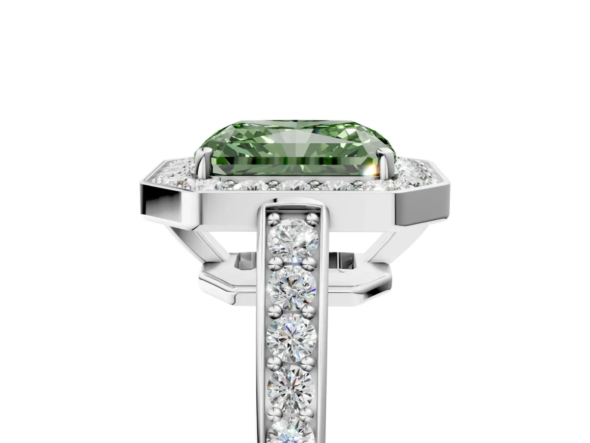 Fancy Green Radiant Cut Halo Pavé Diamond Engagement Ring with Bezel Setting Silver