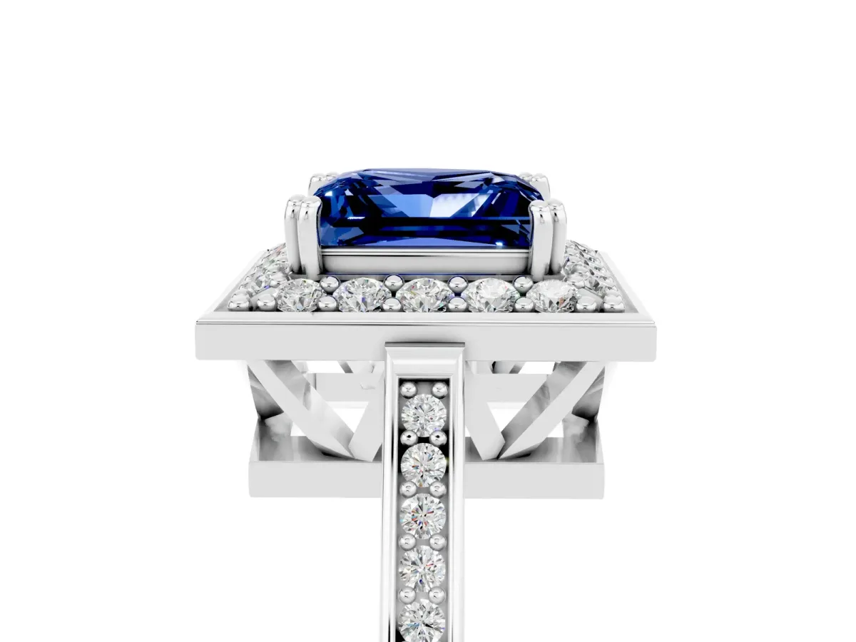 Princess Cut Blue Sapphire Halo Ring with Split Shank and Four-Prong Setting Platinum