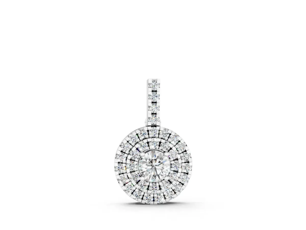 Round Double Halo Prong Set Diamond Pendant Silver