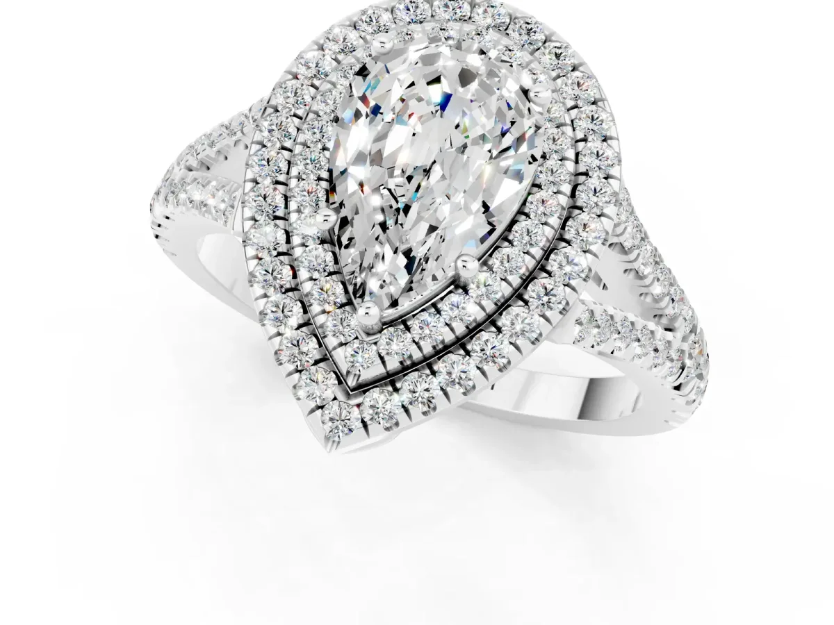 Pear Cut Moissanite Double Halo Ring with Pavé Band and Prong Setting Silver