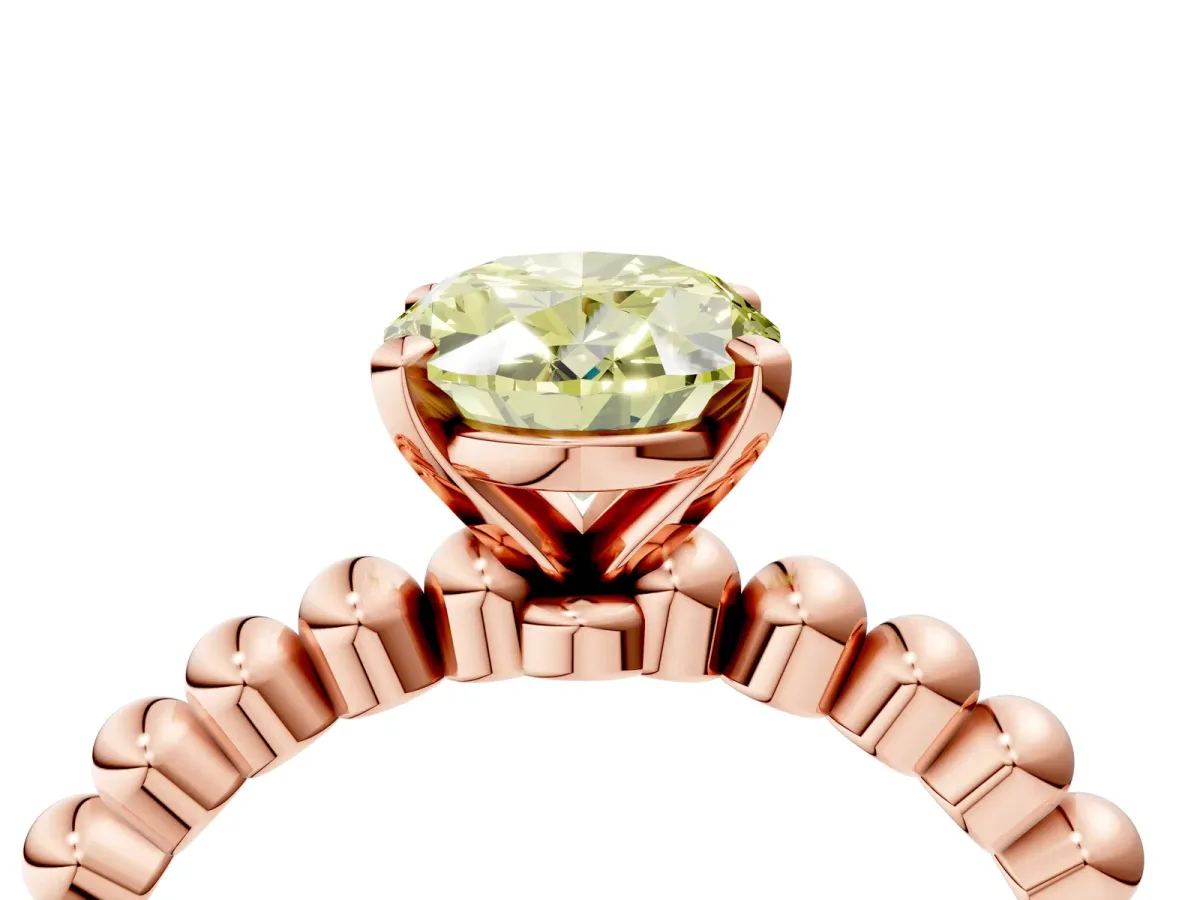 Fancy Yellow Oval Cut Diamond Solitaire Ring with Beaded Band and Prong Setting Rose gold