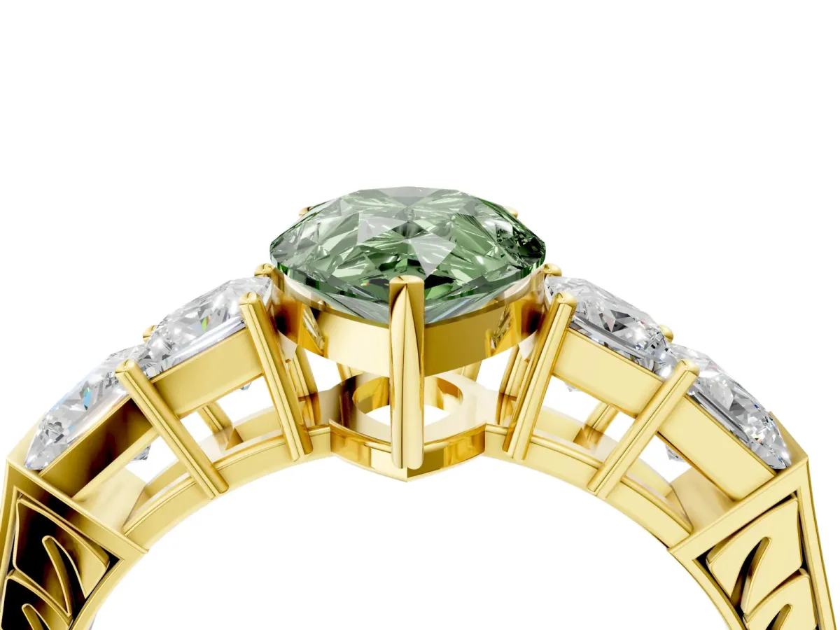 Fancy Green Pear Cut Solitaire Princess Side Stone Engraved Band Prong Setting Ring Yellow gold