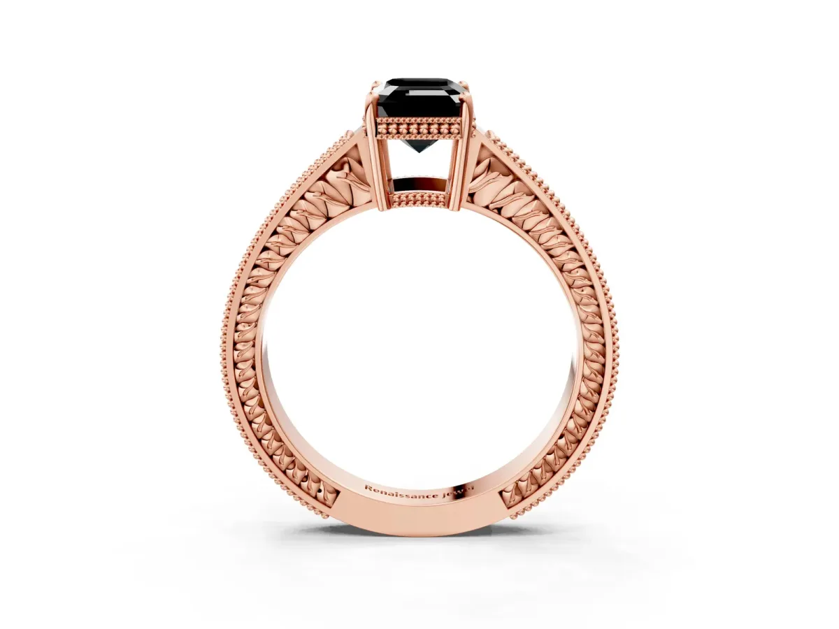 Fancy Black Emerald Cut Cut Diamond Milgrain Pave Band Four-Prong Setting Ring Rose gold