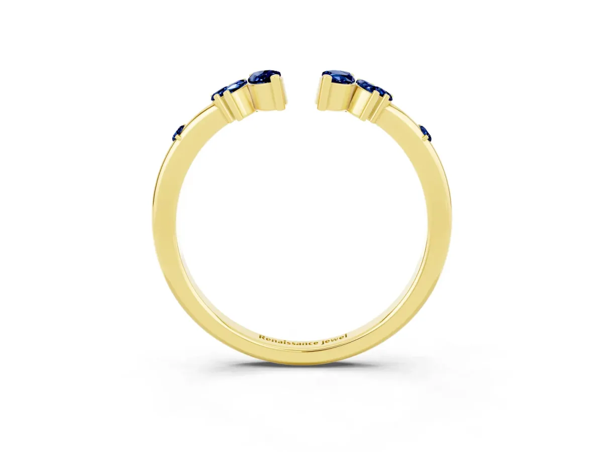 Open Marquise Cluster Blue Sapphire Band with Prong Setting Yellow gold