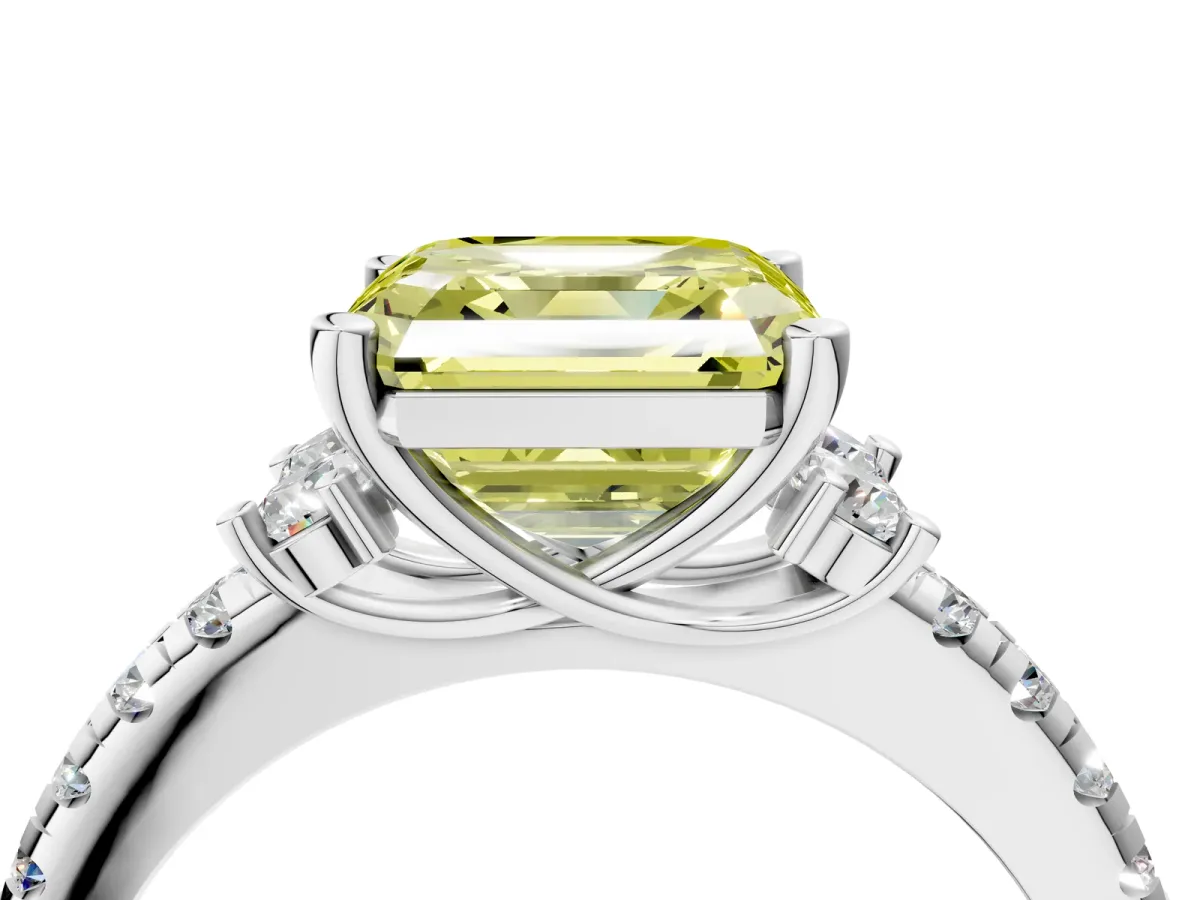 Fancy Yellow Asscher Cut Diamond Three-Stone Pave Band with Four-Prong Setting Platinum