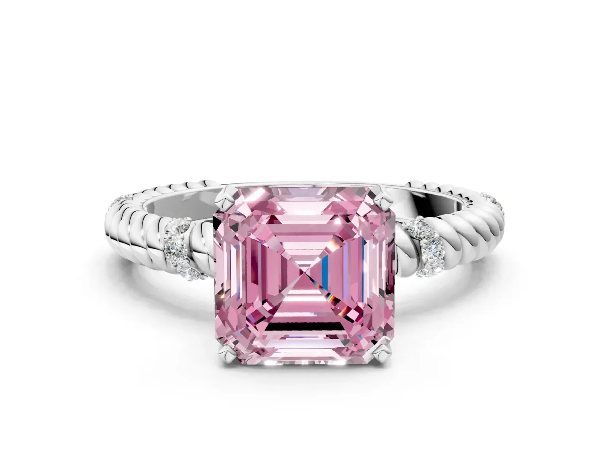 Fancy Pink Asscher Cut Solitaire Twisted Band Prong Set Engagement Ring Silver