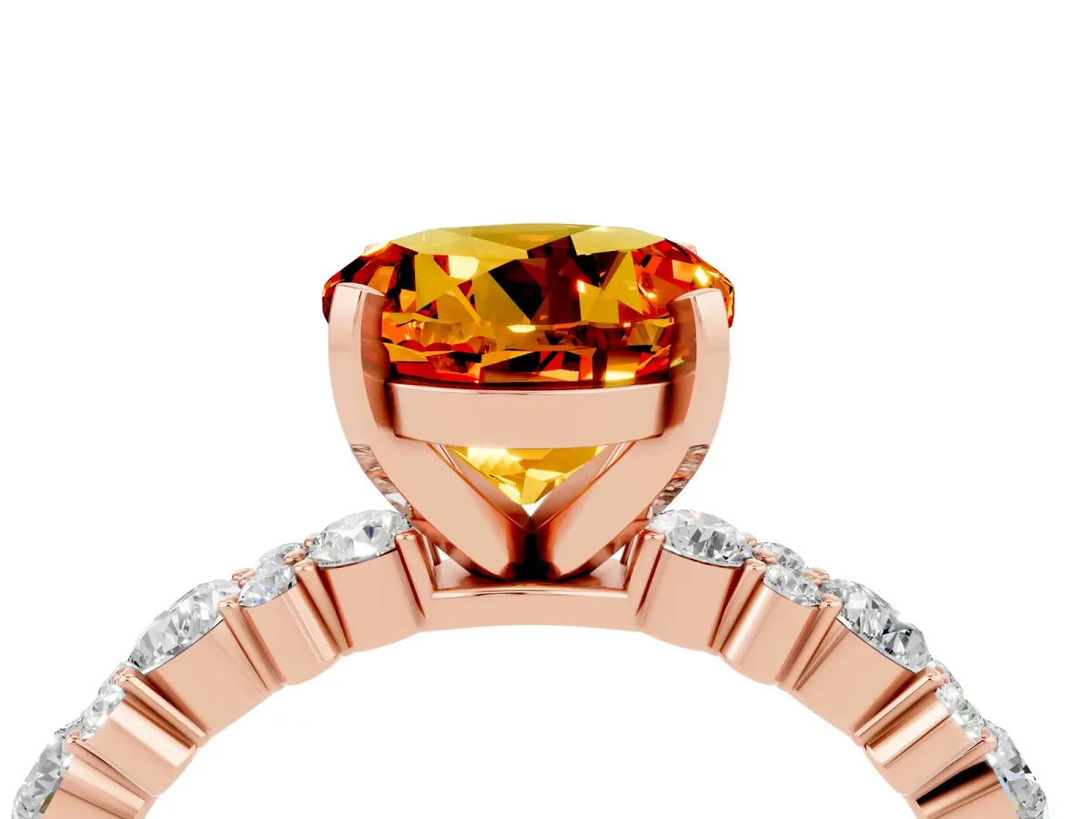 Round Cut Citrine Side Stone Solitaire Ring with Round and Four-Prong Setting Rose gold