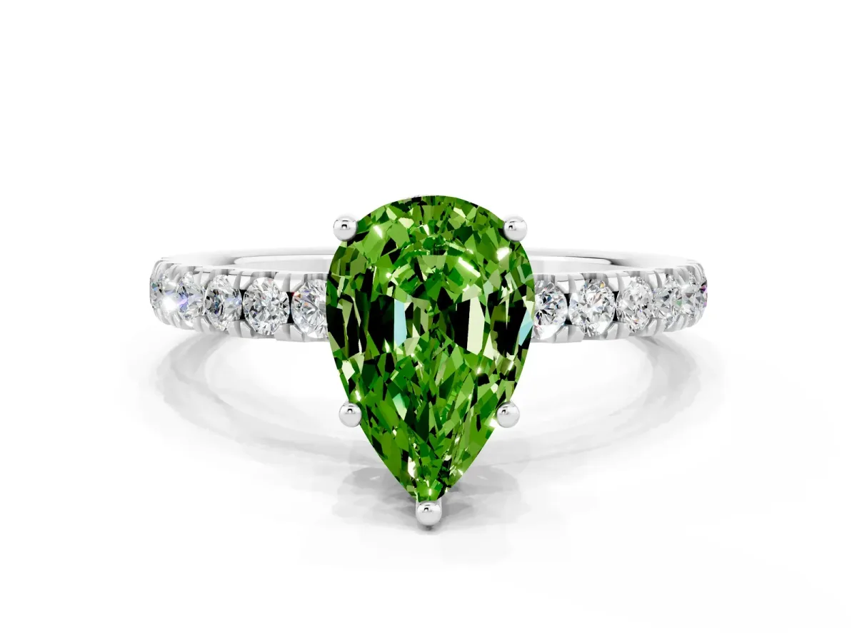 Pear Cut Peridot Pave Band Solitaire Ring with Round and Prong Setting White gold