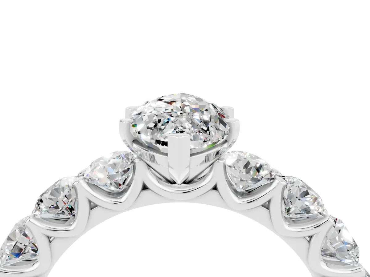 Marquise Cut Moissanite Prong Setting with Side Stones on a Pave Band Silver