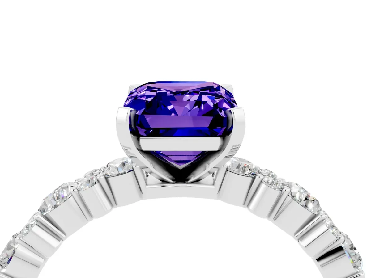 Emerald Cut Tanzanite Side Stone Solitaire Ring with Round and Four-Prong Setting White gold