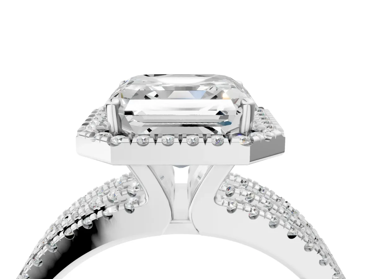 Asscher Cut Diamond Halo Engagement Ring with Split Shank and Four-Prong Setting Platinum