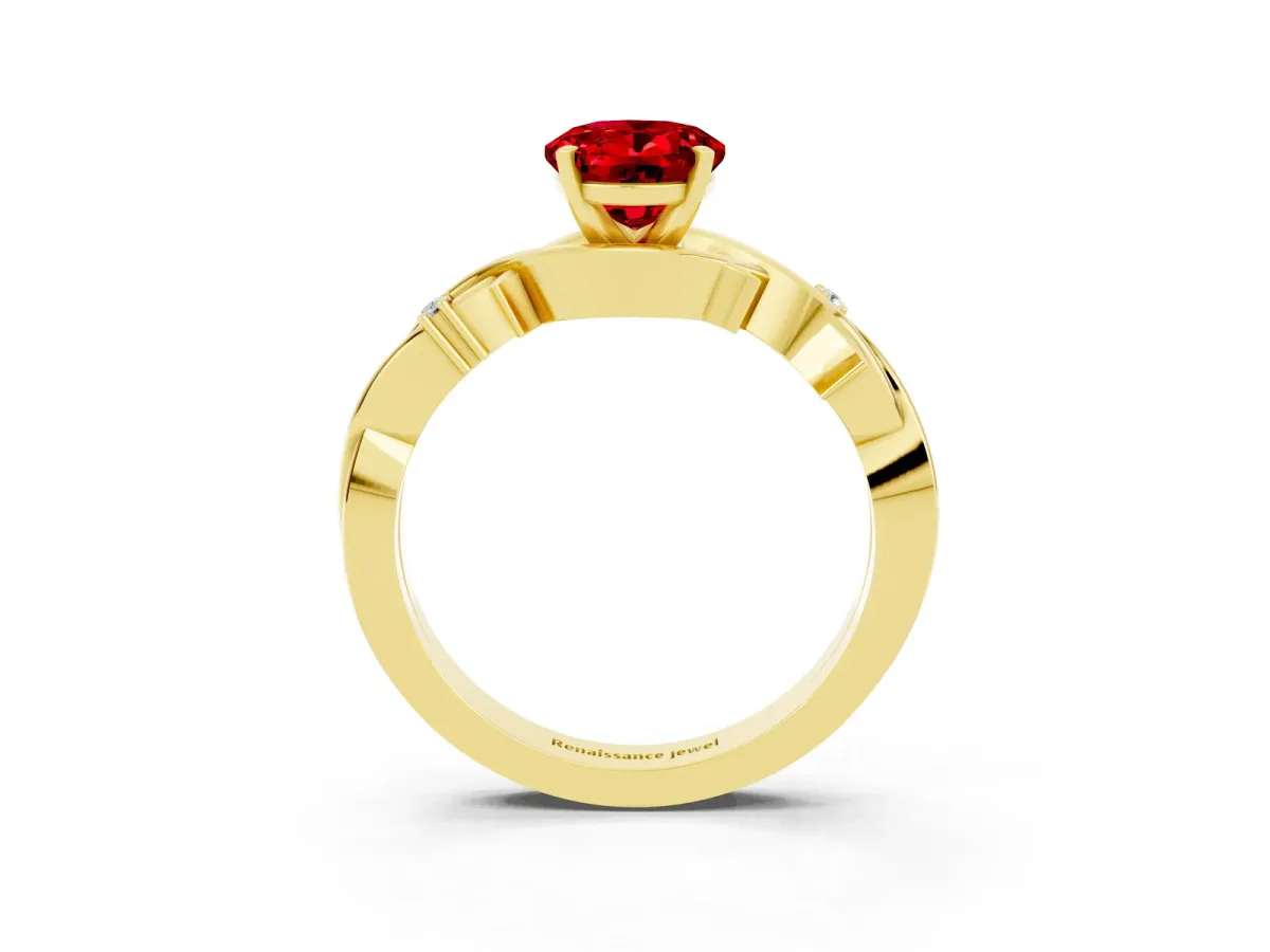 Oval Cut Ruby Solitaire Ring with Twisted Band and Prong Setting Yellow gold