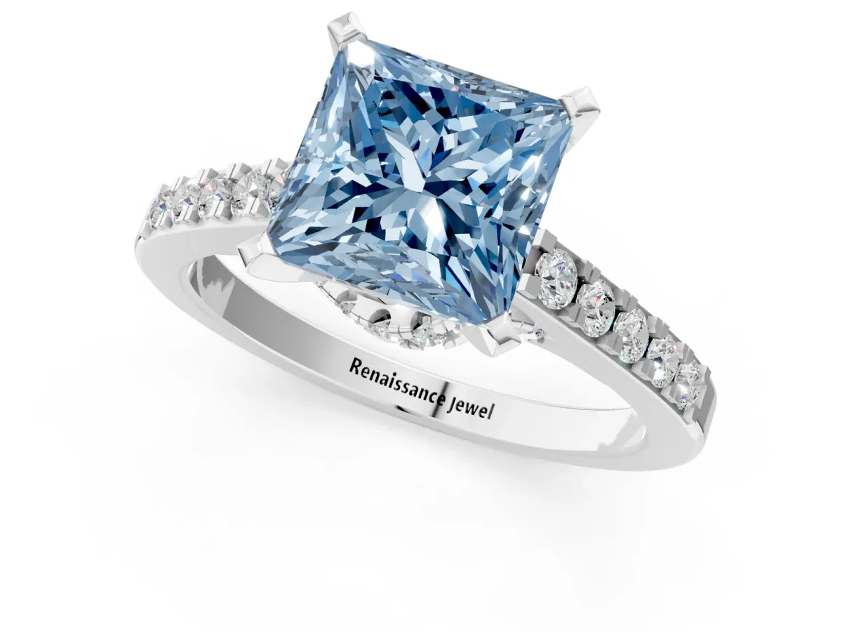 Fancy Blue Princess Cut Diamond Solitaire Ring with Crossover Gallery and Round Pavé Band Silver